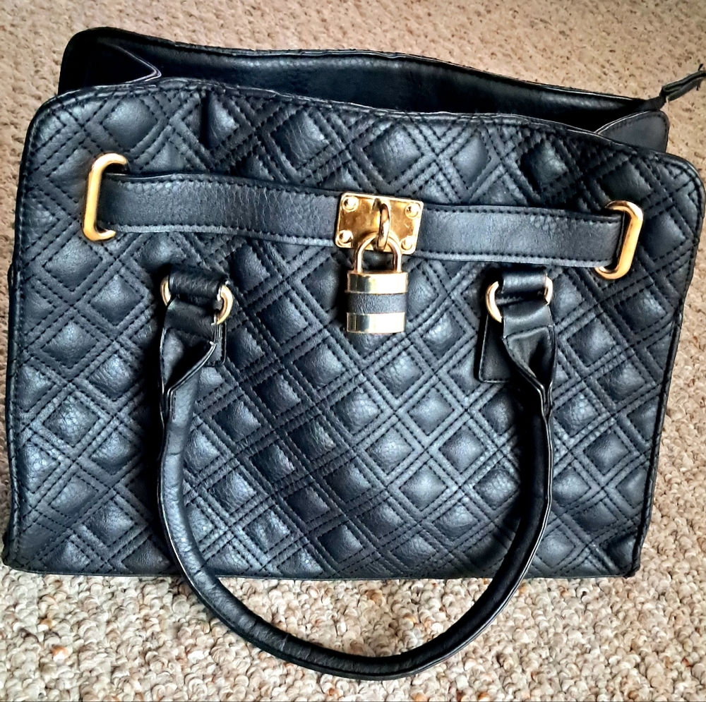 Black Quilted Handbag with Gold Accents